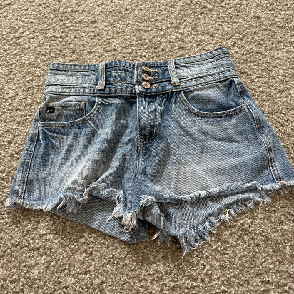 KanCan High Waisted 3 Button Fringe Raw Hem Shorts Denim